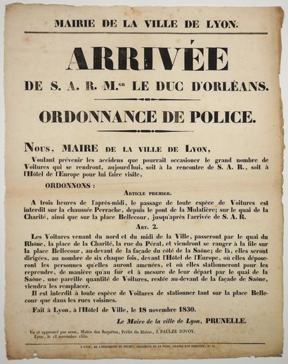 null 1830. MAIRIE DE LYON. “Ordonnance de police concernant L'ARRIVÉE de S.A.R. Mgr...