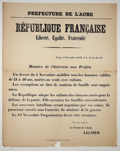 null AUBE. (MOBILISATION GÉNÉRALE) - Gouvernement de TOURS 5 Novembre 1870 : Ministre...