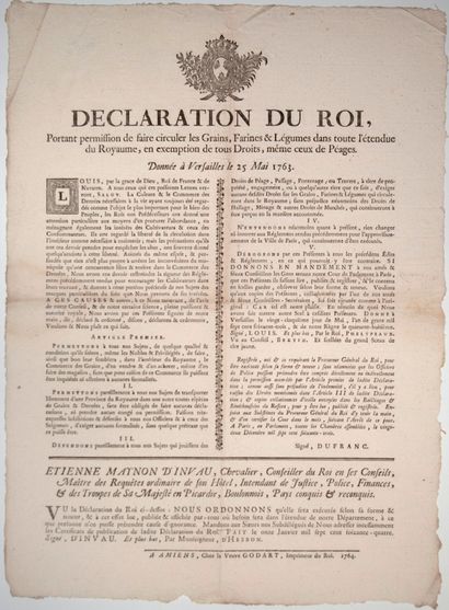 null PICARDIE, BOULONNAIS. Circulation des GRAINS. 1764.
«Déclaration du Roi (Louis...