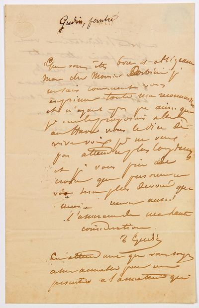 GUDIN (Théodore, Baron) Peintre de marines. (Paris 1802 - 1880) Letter A.S. to the...