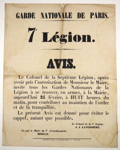 null “GARDE NATIONALE DE PARIS”. 7e LÉGION. (RÉVOLUTION DE FÉVRIER 1848) «AVIS du...