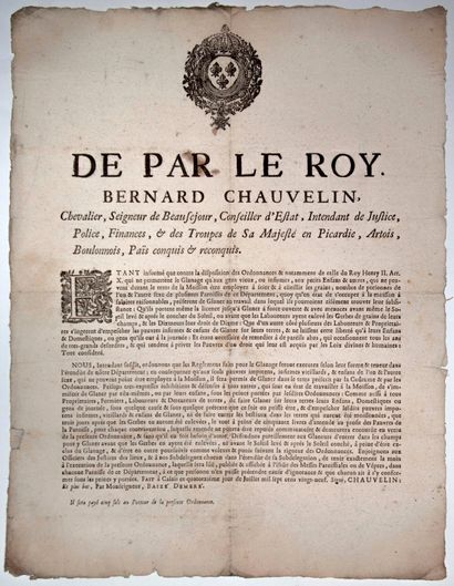 null ARTOIS. CALAIS (62). Regulations for the GLANAGE. "De Par le Roy. Bernard CHAUVELIN,...