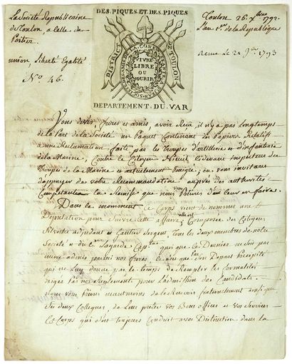 null REPUBLICAN SOCIETY OF TOULON (VAR). Letter signed by the members of the Correspondence...