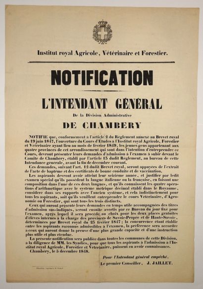 null SAVOIE. «INSTITUT ROYAL, VÉTÉRINAIRE ET FORESTIER» - CHAMBÉRY 5 déc. 1848. Notification...