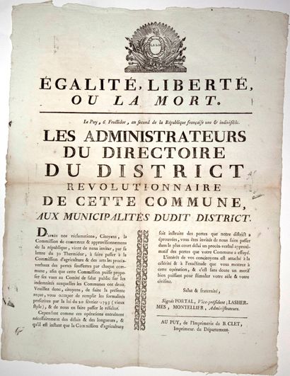 null HIGH-LOIRE. 1794. FARM LOSSES. LE PUY 6 Fructidor Year 2 (23 August 1794). Notice...