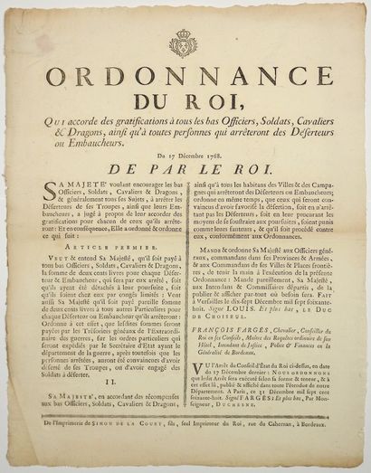 null GIRONDE. 1768. "Ordinance of the KING (LOUIS XV), which grants Gratuities to...