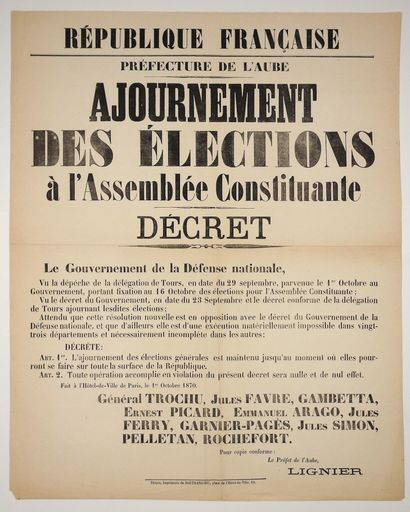 null AUBE. 1870 . «AJOURNEMENT DES ÉLECTIONS à l'Assemblée Nationale» - Décret du...