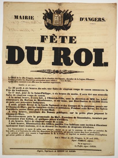 null MAINE-ET-LOIRE. 1835. BALLON. “MAIRIE D'ANGERS. FÊTE DU ROI.” ANGERS 26 Avril...