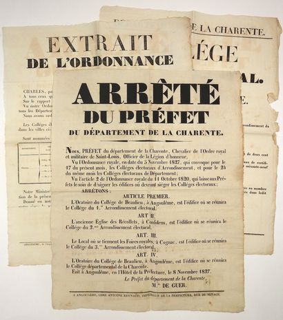null CHARENTE. 1827. 3 Posters (53 x 42) printed in Angoulême, on the Departmental...