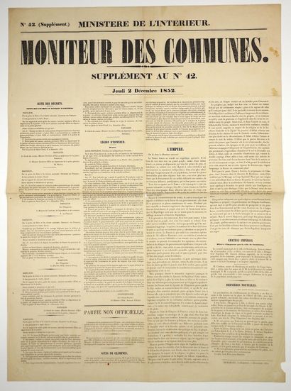 null PROCLAMATION DE L'EMPIRE. 1852 - «MONITEUR DES COMMUNES» (Supplément n°42) du...