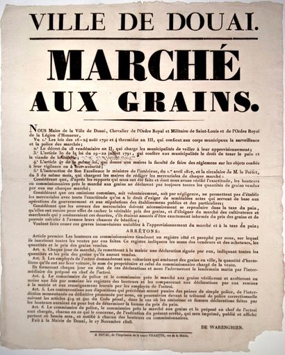 null VILLE DE DOUAI (NORD). 1828. «MARCHÉ AUX GRAINS.» Arrêté du Maire DE WARENGHIEN,...