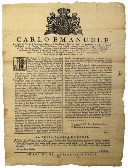 null NICE COUNTY (06). 1777 - Poster at the header of CHARLES-EMMANUEL "CARLO EMANUELE"...