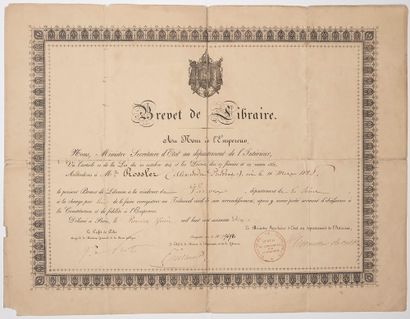 null BREVET de LIBRAIRE, Second Empire, décerné le 1er juin 1870 à Alexandre Prudent...