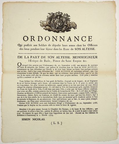 null SWITZERLAND. 1773. "Ordinance which prescribes to the Soldiers to lay down their...