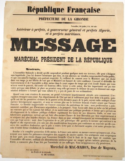 null (GIRONDE) - «MESSAGE du Maréchal de MAC-MAHON, Duc de Magenta, Président de...