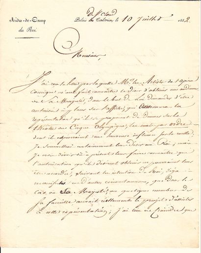 null TOPS. Palace of SAINT CLOUD (92) on 10 July 1832. Letter signed by Marshal de...