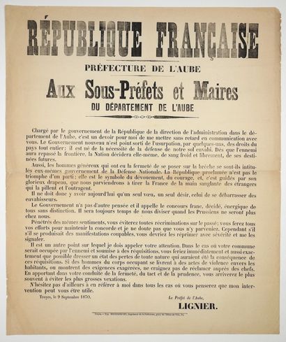 null TROYES, le 9 Septembre 1870 - «Préfecture de l'AUBE, aux Sous-Préfets et Maires...