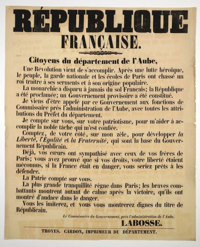 null AUBE. RÉVOLUTION DE FÉVRIER 1848. TROYES (28 FÉV. 1848) - Adresse du Commissaire...