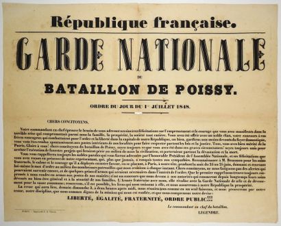 null YVELINES. 1848 «GARDE NATIONALE du BATAILLON de POISSY.» - Ordre du Jour du...