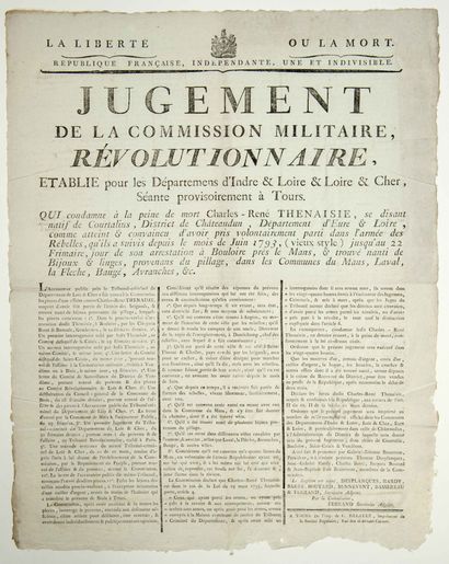null (CHOUANS.) Placard (53 x 42) "JUDGMENT OF THE REVOLUTIONARY MILITARY COMMISSION,...