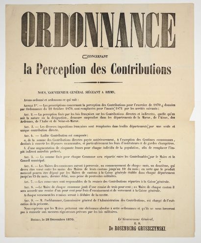 null REIMS (51). 1870. CONTRIBUTIONS DES DÉPARTEMENTS OCCUPÉS - Ordonnance concernant...