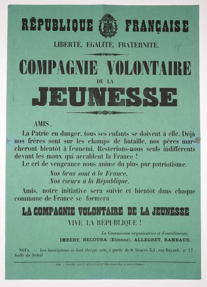 null GRENOBLE (Isère) - «COMPAGNIE VOLONTAIRE DE LA JEUNESSE» (Octobre 1870) - «Amis,...