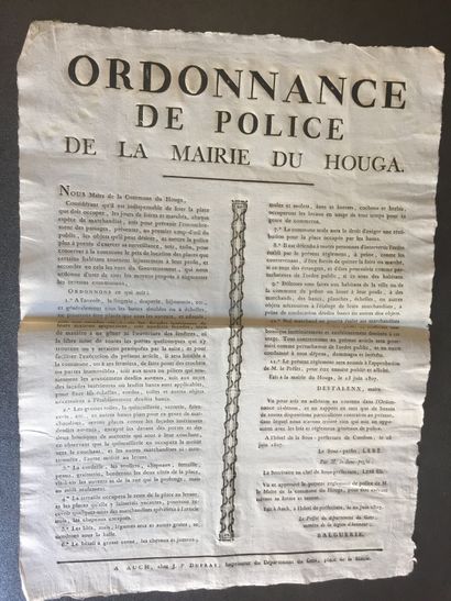 null GERS - Rare Placard: Ordonnance de Police de la Marie du HOUGA. Document imprimé...