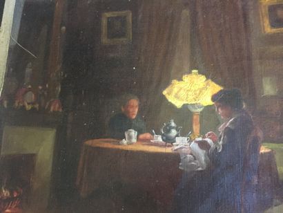 null ANONYME - Scène d'intérieur, femme brodant. Huile sur toile, vers 1900, non...