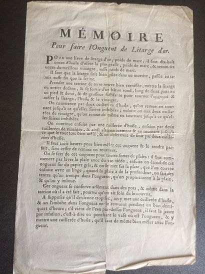 null [PHARMACIE] Mémoire pour faire l’onguent de Litarge d’or. Vers 1760. Un feuillet...