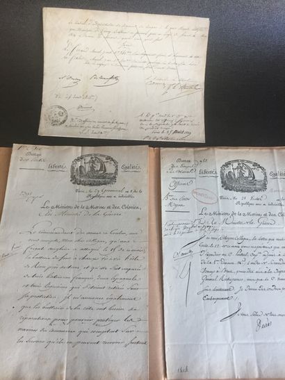null [MARINE] Trois pièces imprimées et manuscrites : -Lettre du ministre de la Marine...