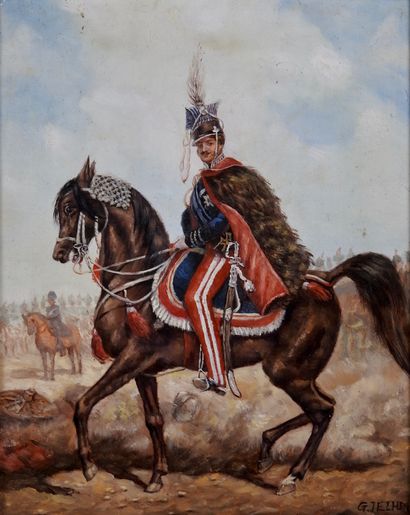 null EG. Jelhm 

XXème siècle 

Hussard à cheval 

Huile sur panneau 

24,5 x 5 cm...