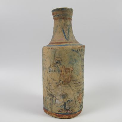 null Polychrome bottle decorated with a muse playing a lyre in a garden. Beige clay...
