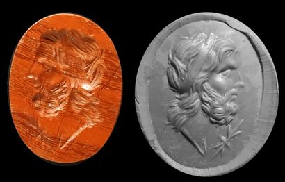 null Intaille portrait du Dieu Jupiter et foudre.Jaspe rouge.

Art romain.L :21m...