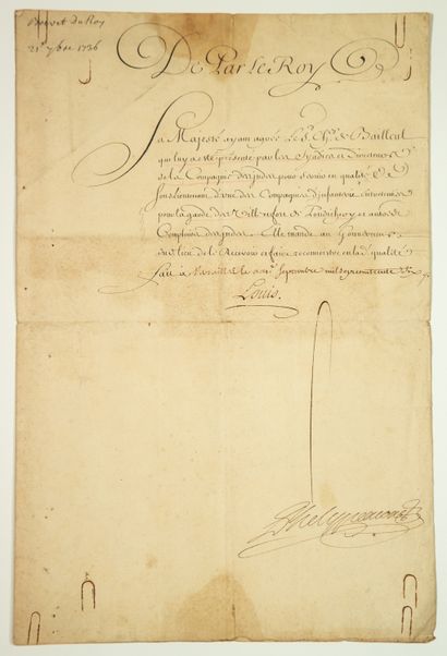 null COMPAGNIE DES INDES. 1736. PONDICHÉRY. Brevet signé du Roi Louis XV (Secrétaire)...