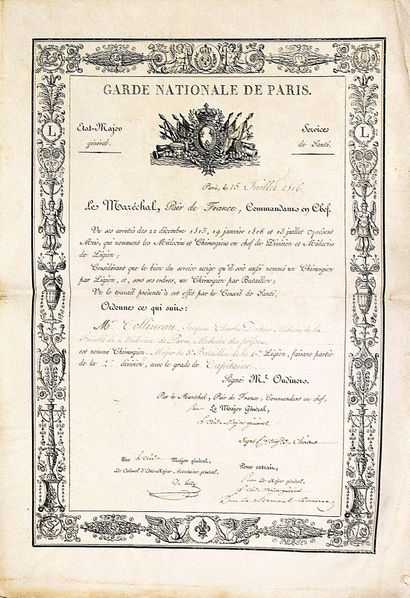 null «GARDE NATIONALE DE PARIS.» Paris 15 Juillet 1816. Brevet du Service de Santé...
