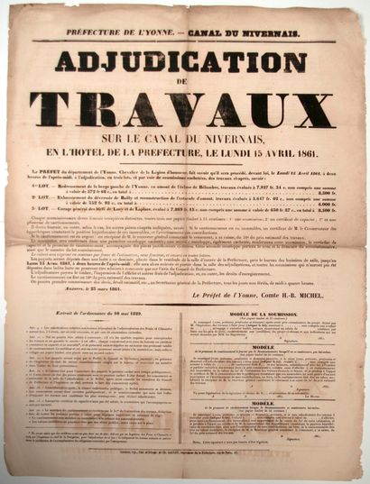 null YONNE. 1861. Adjudication de Travaux sur le CANAL DU NIVERNAIS, en l'Hôtel de...