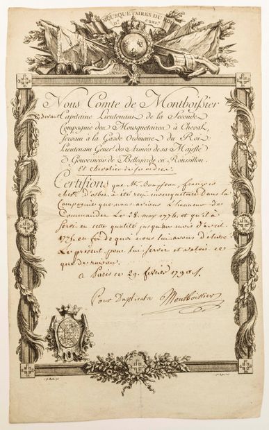 null MUSKETEERS OF KING LOUIS XVI. Certificate of military service in the King's...