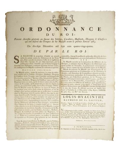 null ROUSSILLON 1785. ARMÉES DE LOUIS XVI «Ordonnance du Roi, portant AMNISTIE générale...