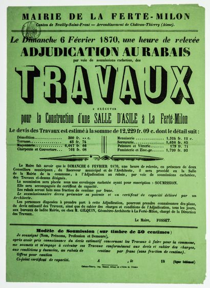 null AISNE. «Mairie de LA FERTÉ MILON. Dimanche 6 Février 1870. Adjudication au Rabais......