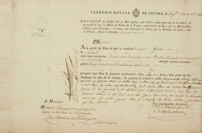 null RHONE. VAUCLUSE. 1785. CUSTOMS "VERRERIE ROYALE DE GIVORS (69), April 26, 1785...