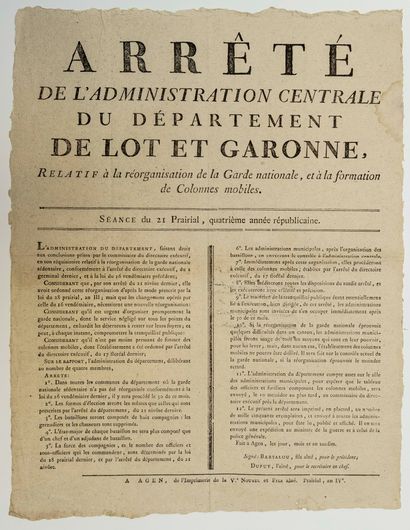 null LOT ET GARONNE. 1796. « Arrêté de l’Administration Centrale du département de...