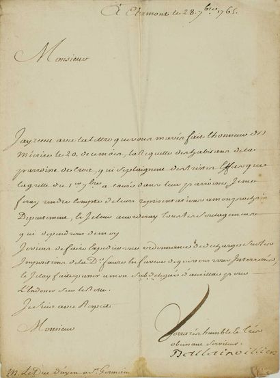 null AUVERGNE. 1765. BALLAINVILLIERS (Simon Charles Sébastien BERNARD De) Lieutenant-Général...