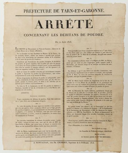 null TARN-ET-GARONNE. "Arrêté concernant les DÉBITANTS DE POUDRE, du 12 Août 1816."...