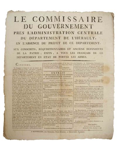 null HÉRAULT. 1800. APPEL AUX ARMES. Adresse de BRUN Le Commissaire du Gouvernement...