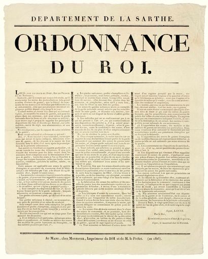null SARTHE. 1816 ORDONNANCE DU ROI LOUIS XVIII, Donné à Paris le 24 Juillet 1816,...