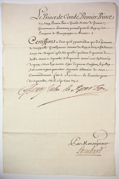 Henry Jules de BOURBON-CONDÉ (Paris 1643-1709). Pièce signée “HENRY JULES DE BOURBON”...