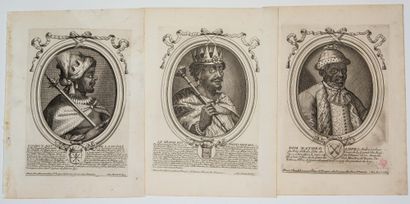 null LA GUINÉE. 3 gravures XVIIe (c. 1670) : «TOMBUT, Roy de la Guinée, le plus puissant...