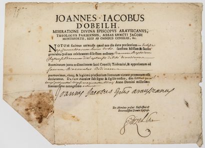 null ORANGE (84). 1698. Pièce signée Jean Jacob d'OBEILH Évêque d'ORANGE (Moulins...