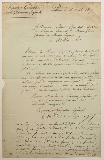 null EMPIRE. 1809. Marshal MONCEY, Duke of CONEGLIANO. Private letter signed "The...