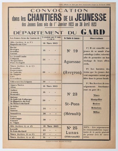 null "Department of the GARD." "Convocation in the CHANTIERS DE LA JEUNESSE of the...